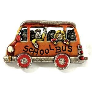 Vintage AJMC Enamel School Bus Brooch Pin Rhinestone Wheels Teachers Gift